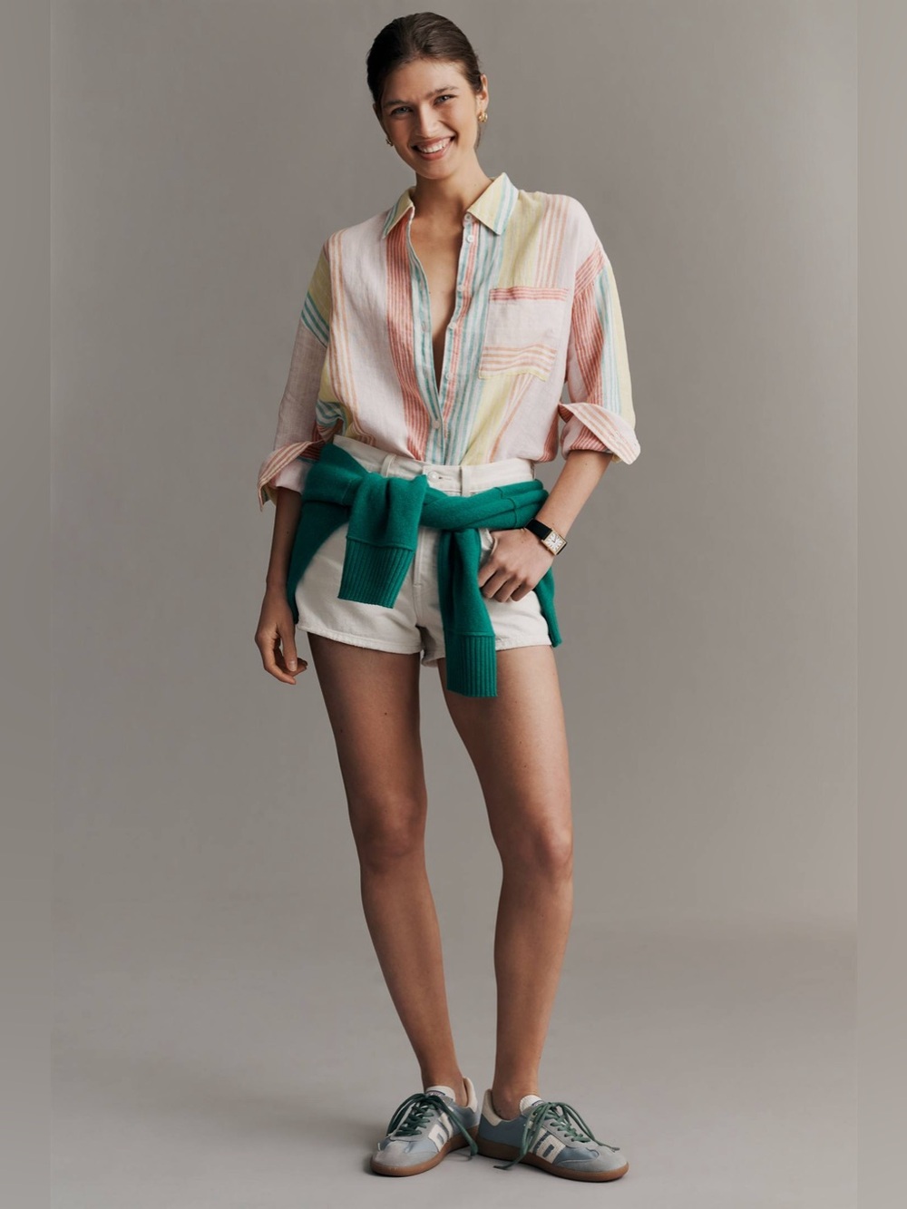 NWT Anthropologie Maeve Bennet European Linen Buttondown Shirt Umbrella Stripe - Picture 3 of 7